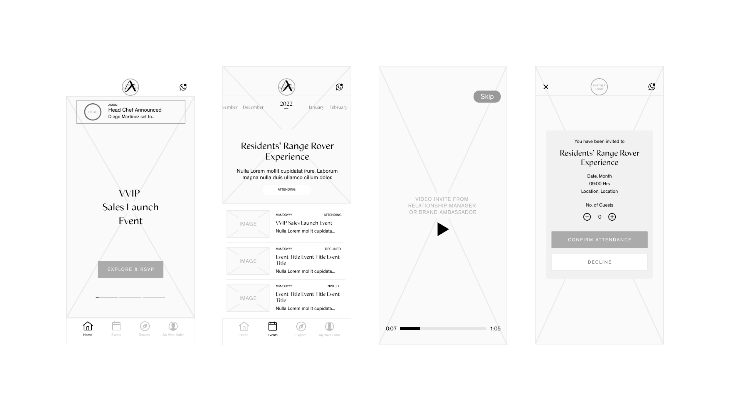 Homescreen & events wireframe